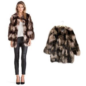 NWT $998 Joselyn x REVOLVE Silver Fox Fur Collarless Jacket in Brown Tie Dye siz